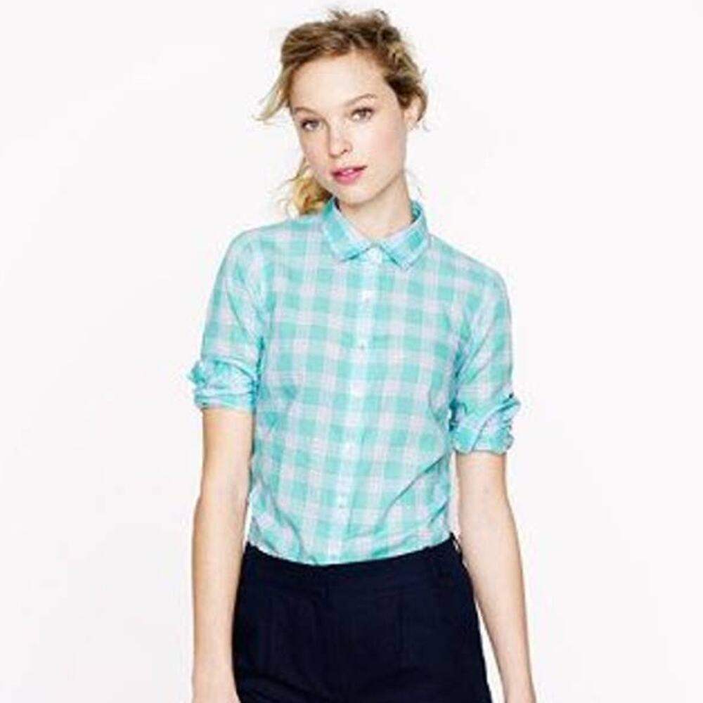 J CREW Perfect Classic Fit Shirt Mint Plaid Green Button Up Down Pastel Plaid 2